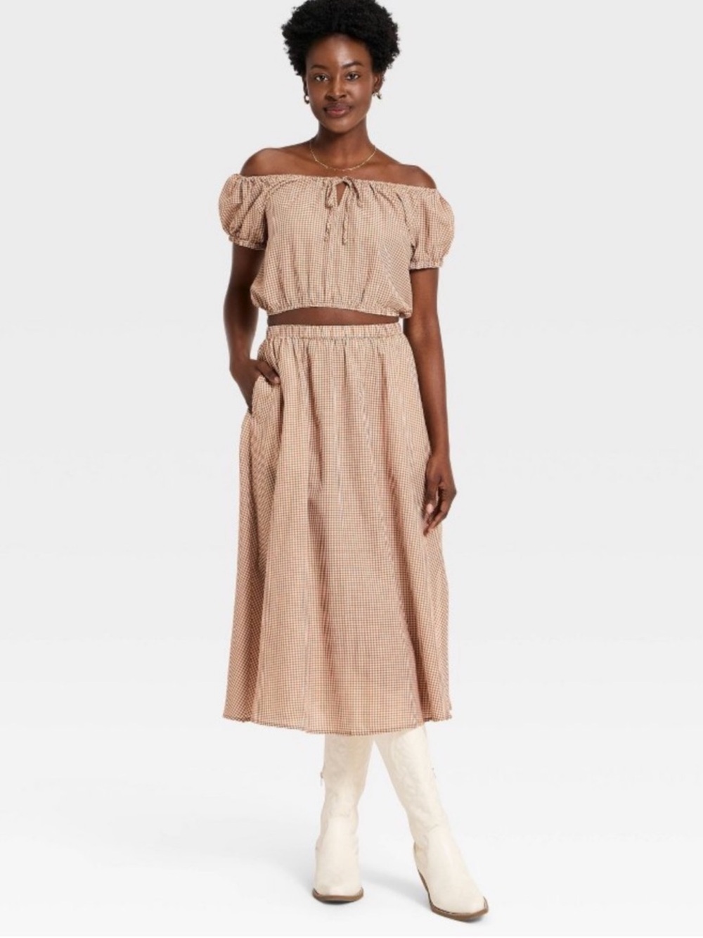 A New Day Gingham Midi Skirt Brown S